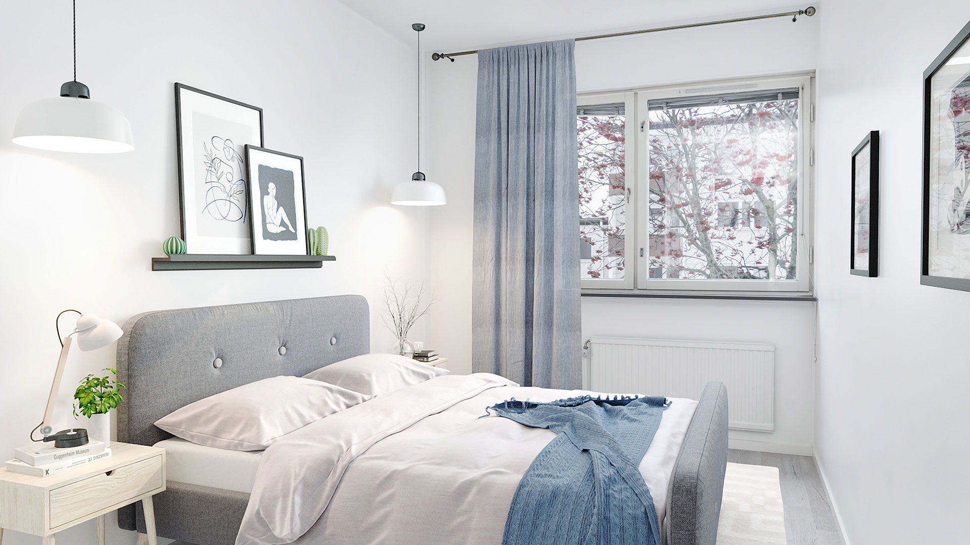 Inbjudande dubbelsäng i ljust sovrum med mjuka textilier oInbjudande dubbelsäng i ljust sovrum med mjuka textilier och lugn färgskala.ch lugn färgskala.